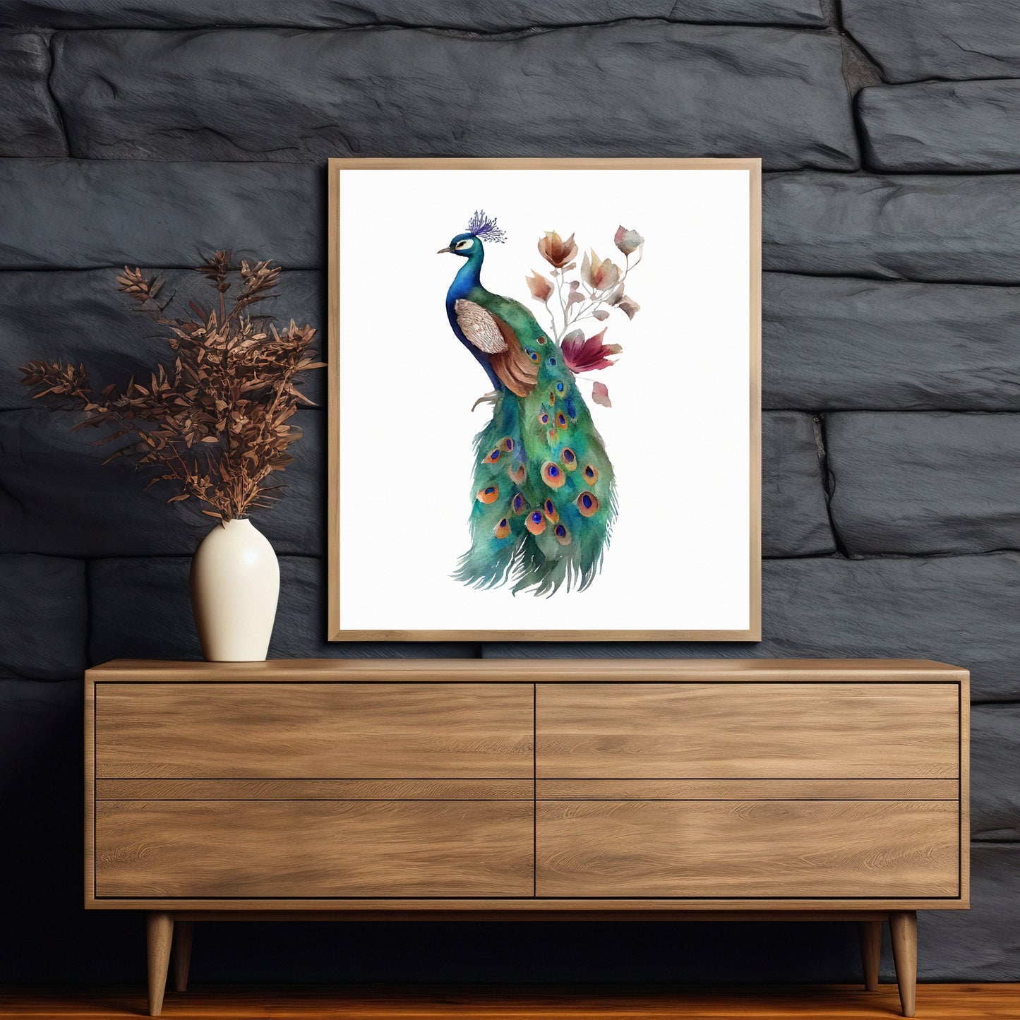 Floral Peacock Boho Watercolor Fine Art Print beautifully showcases vibrant peacock design on textured archival paper.