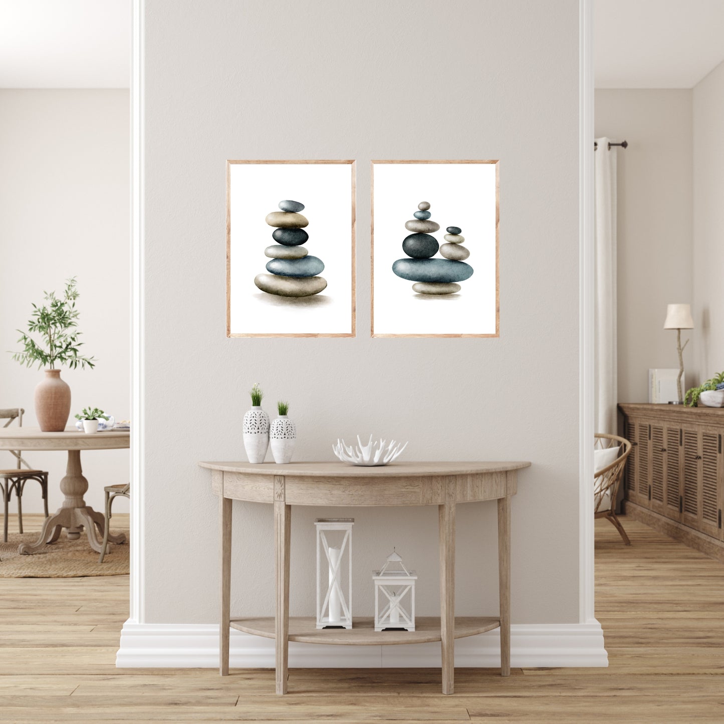 Stacked Zen Stones Watercolor Fine Art Prints Set of 2, showcasing serene balance in a beautifully styled room.