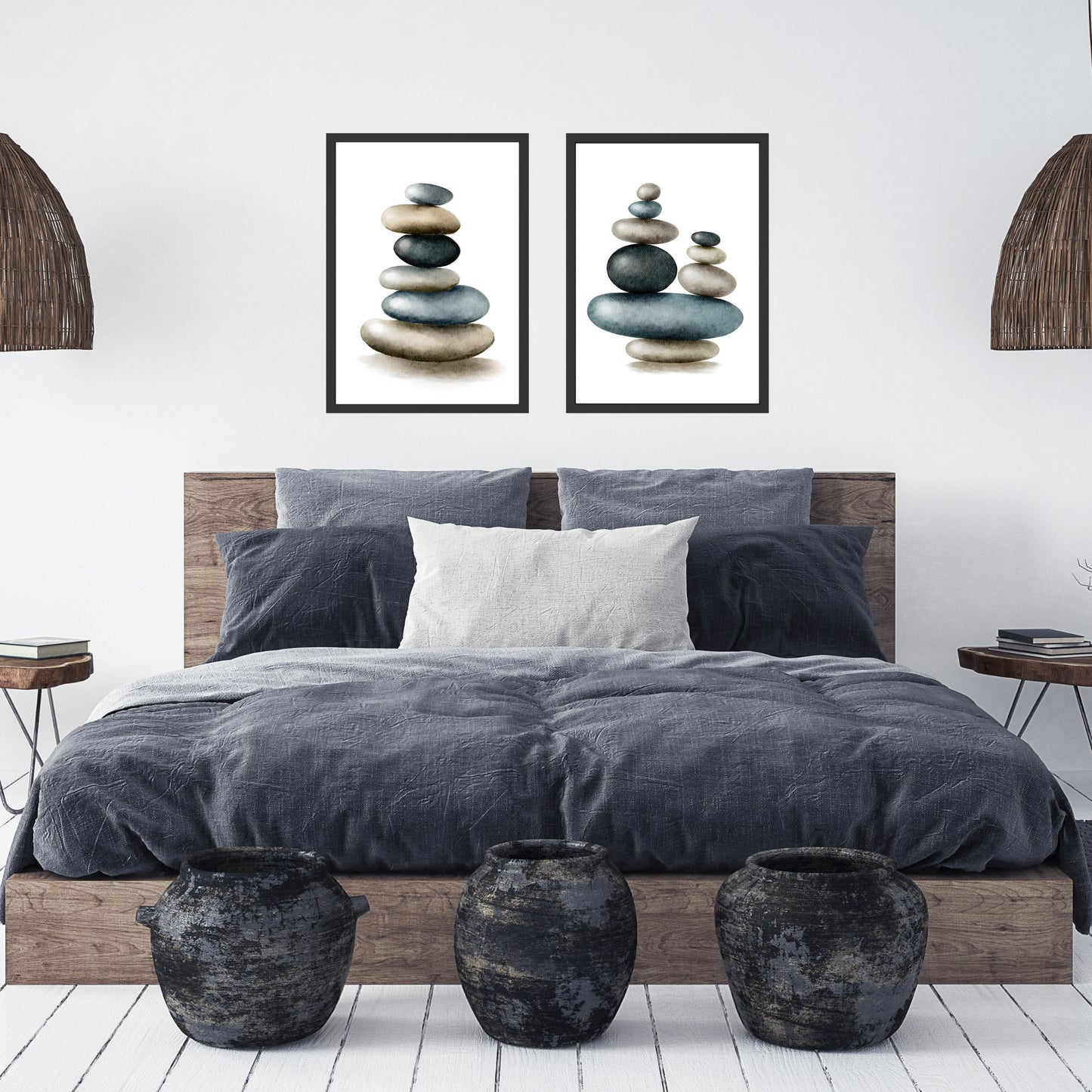 Stylish bedroom showcasing Stacked Zen Stones Watercolor Fine Art Prints Set of 2, perfect for a serene decor vibe.