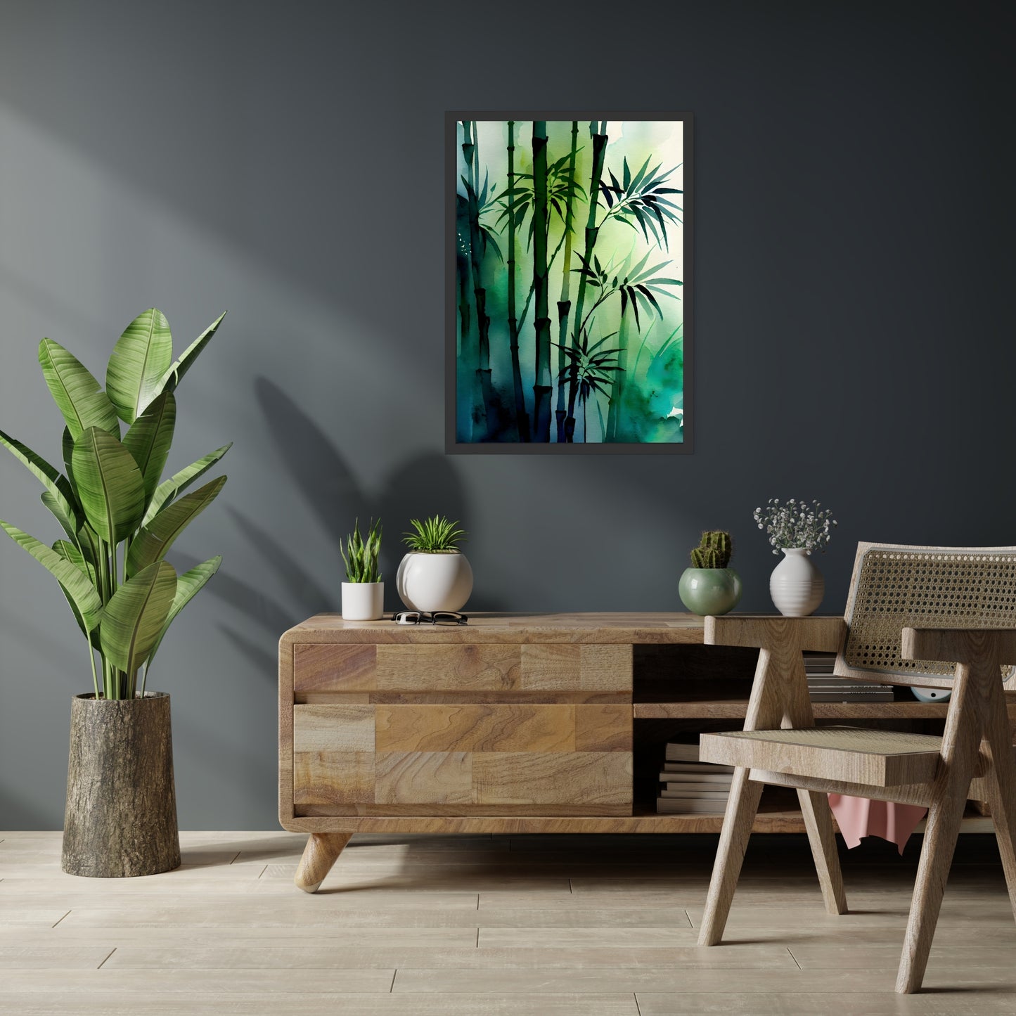 Bamboo Forest Watercolor Fine Art Print showcased in a modern setting with plants and wooden furnishings.