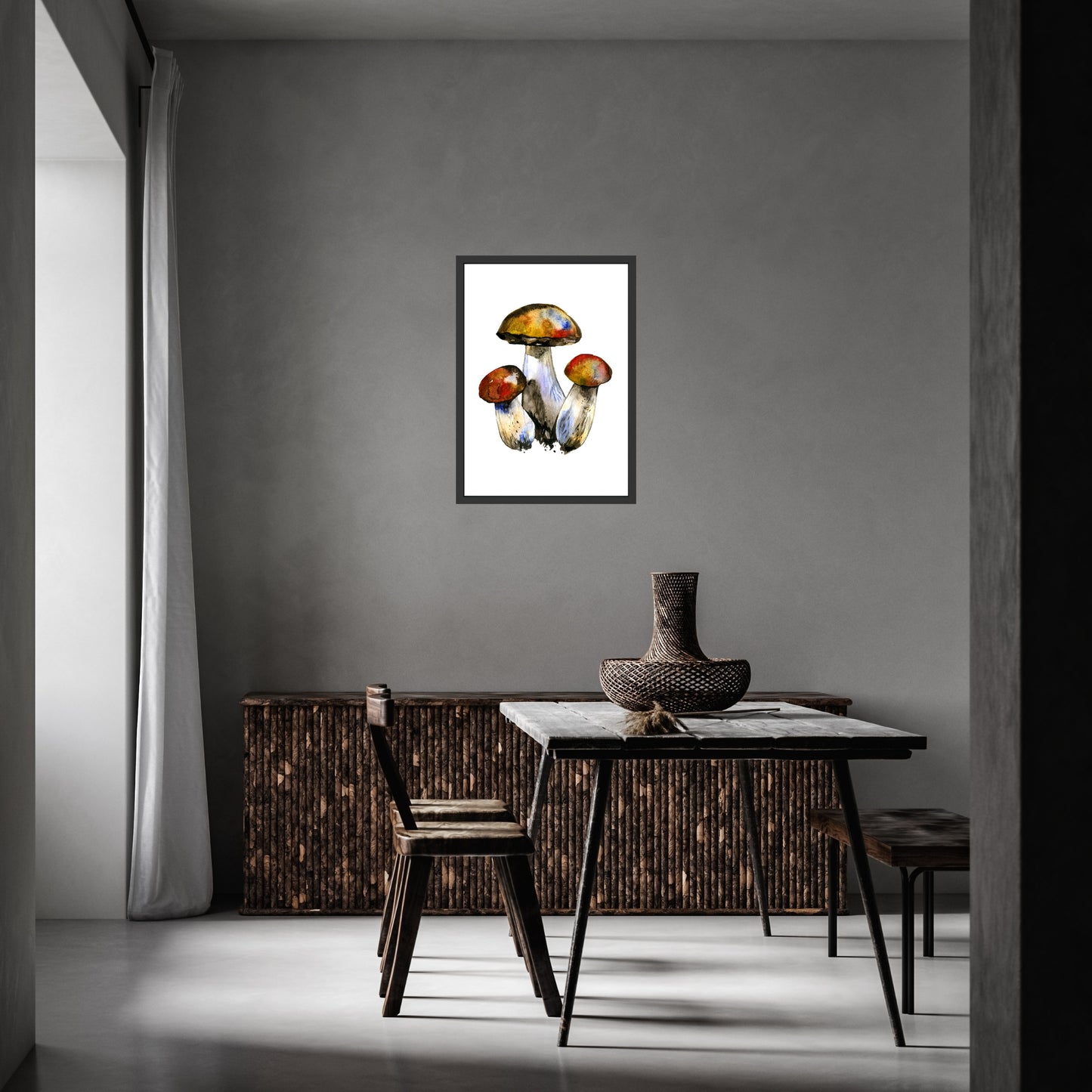 Leccinum Mushrooms Watercolor Fine Art Print displayed in a stylish interior, showcasing its vibrant colors and textures.