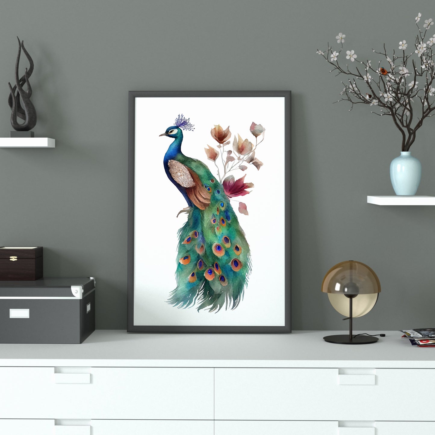 Floral Peacock Boho Watercolor Fine Art Print showcasing vibrant peacock and floral elements in a stylish interior setting.