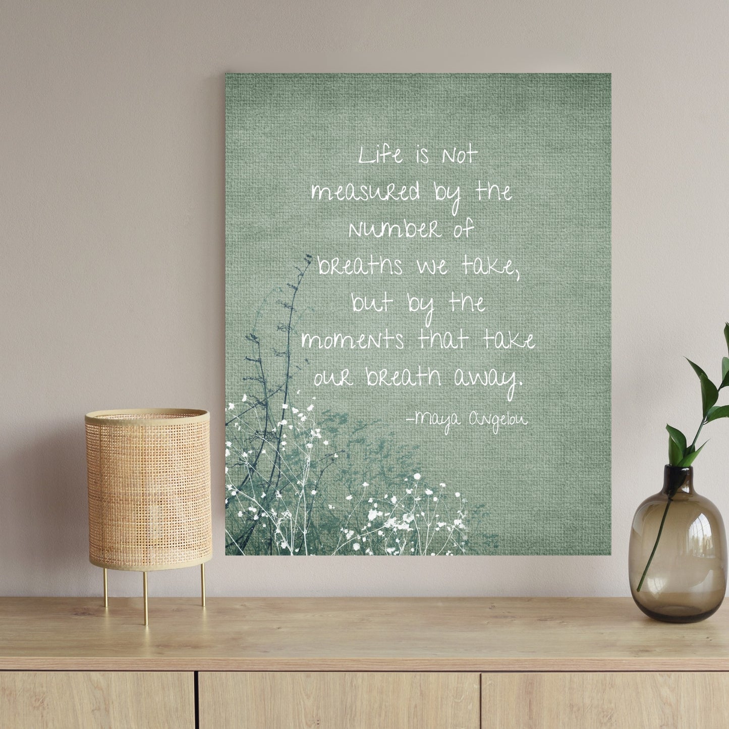 Sage Watercolor Maya Angelou Quote Fine Art Print showcasing an inspirational quote on a textured green background.