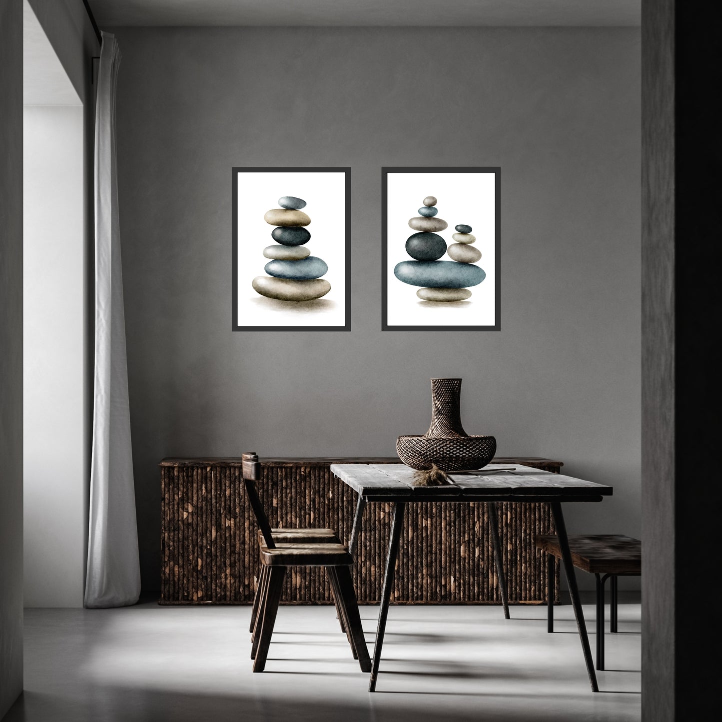 Elegant Stacked Zen Stones Watercolor Fine Art Prints Set of 2, featuring gallery-quality Giclée prints for serene decor.