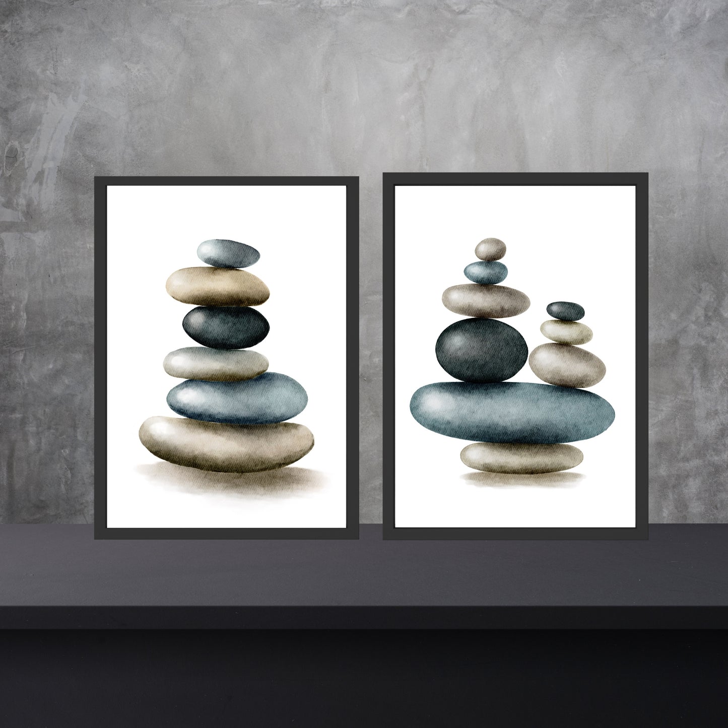 Stacked Zen Stones Watercolor Fine Art Prints Set of 2 showcasing serene stone arrangements, perfect for any decor.