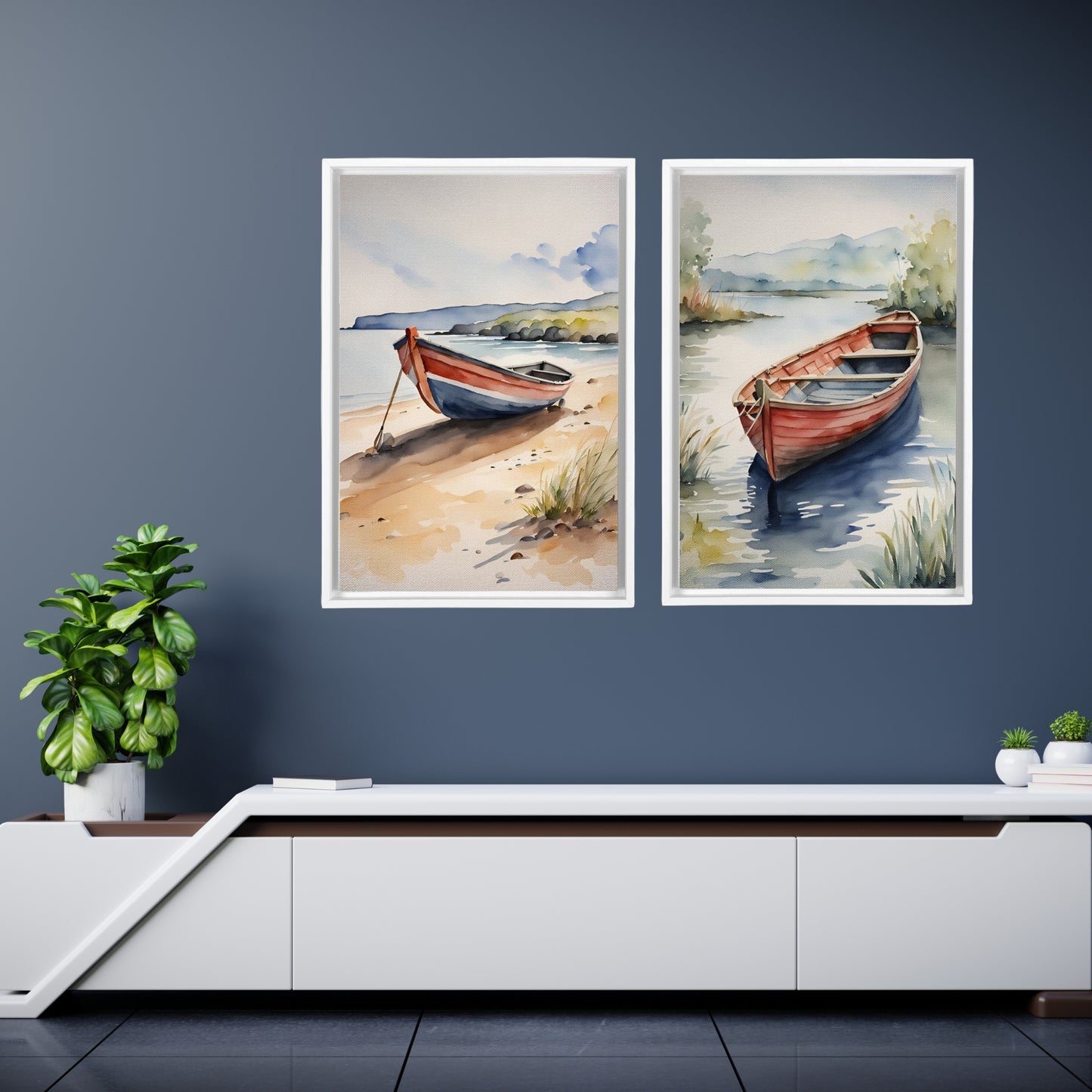 Docked Canoes Framed Canvas Set