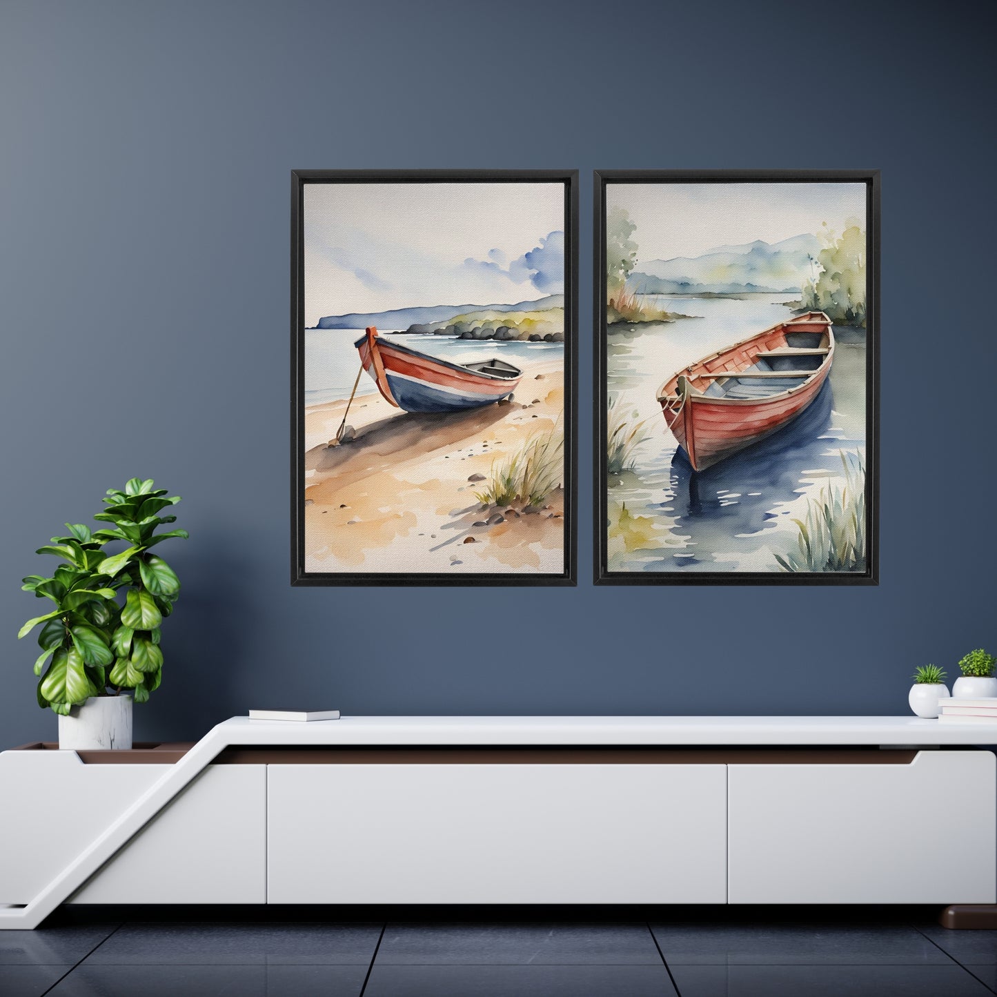 Docked Canoes Framed Canvas Set