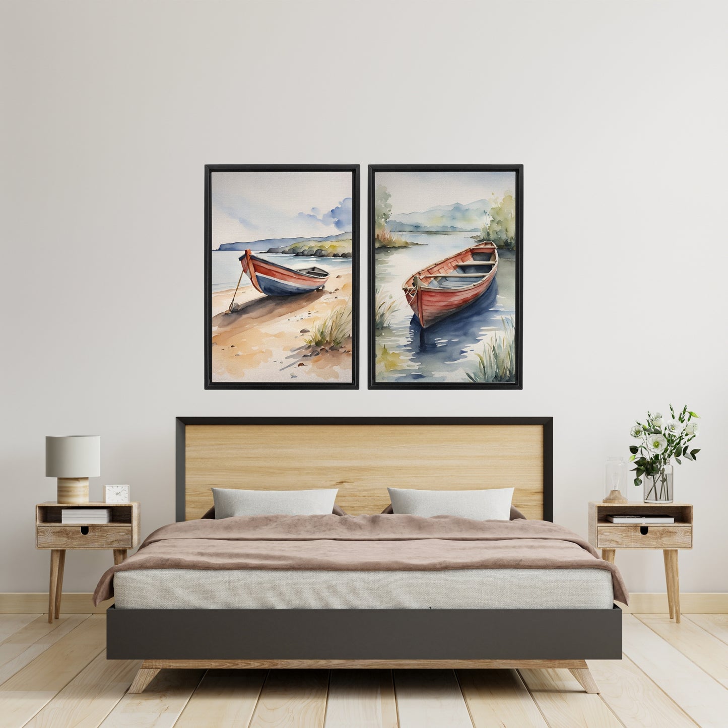 Docked Canoes Framed Canvas Set
