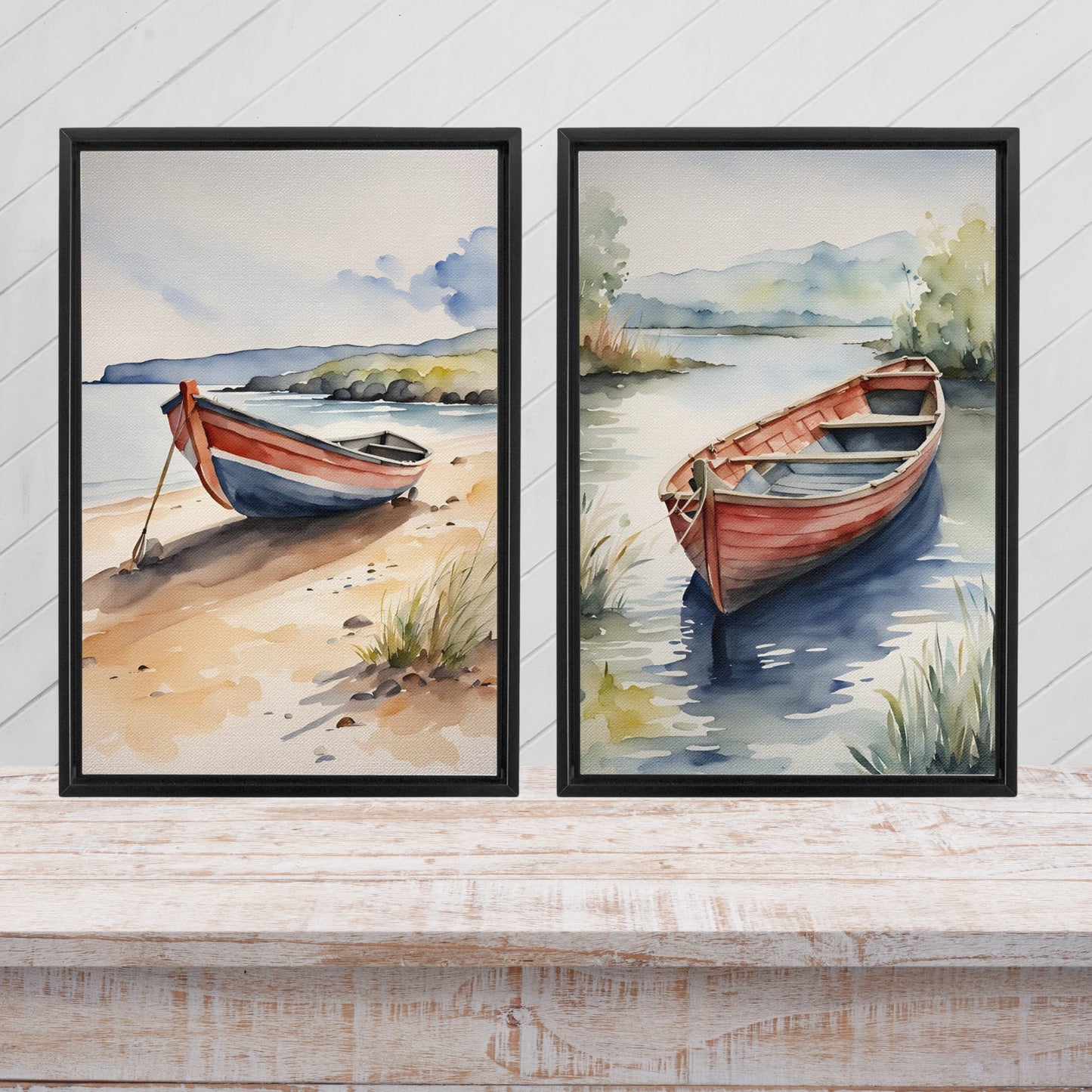 Docked Canoes Framed Canvas Set