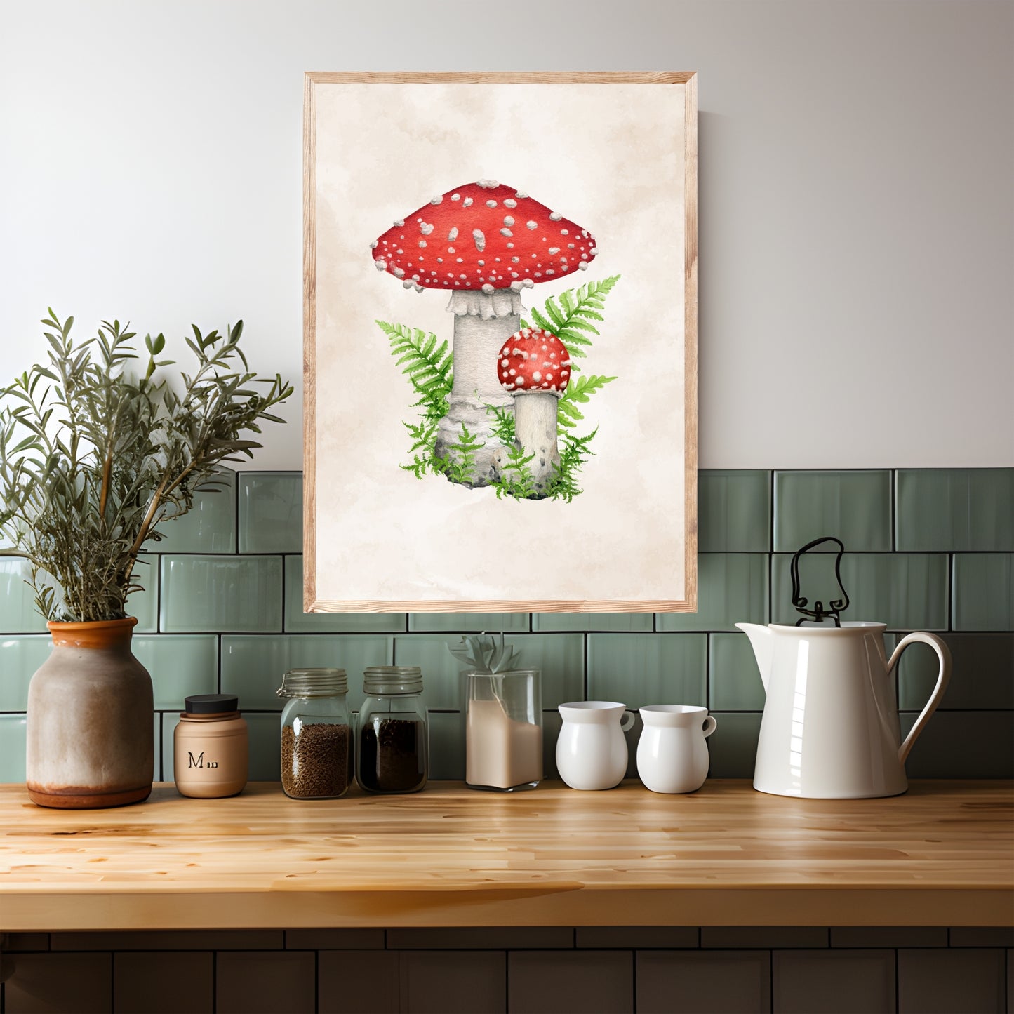 Fly Agaric Mushroom Watercolor Fine Art Print featuring vibrant red mushrooms, perfect for home decor and art lovers.
