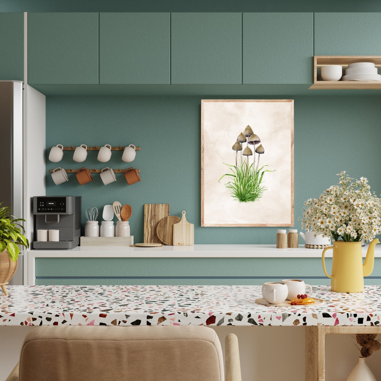 Liberty Cap Mushrooms Watercolor Fine Art Print displayed in a stylish kitchen, showcasing its intricate design and colors.