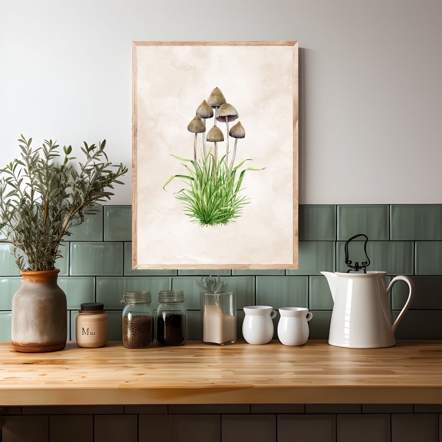 Liberty Cap Mushrooms Watercolor Fine Art Print displayed in a cozy kitchen setting, adding elegance to home decor.