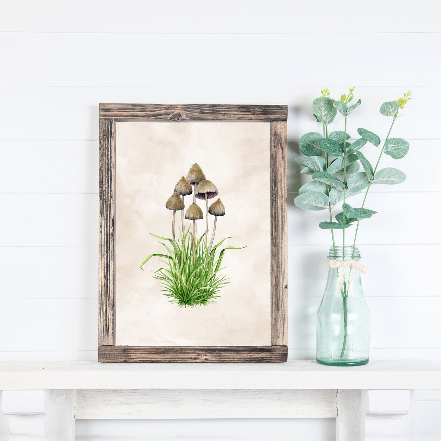 Liberty Cap Mushrooms Watercolor Fine Art Print showcased in a rustic frame, perfect for art lovers and collectors.