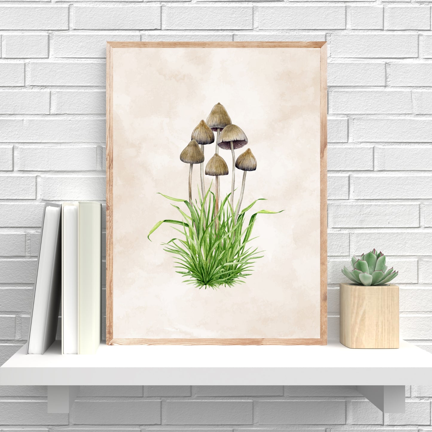 Liberty Cap Mushrooms Watercolor Fine Art Print displayed on a shelf, showcasing its delicate, natural beauty and texture.