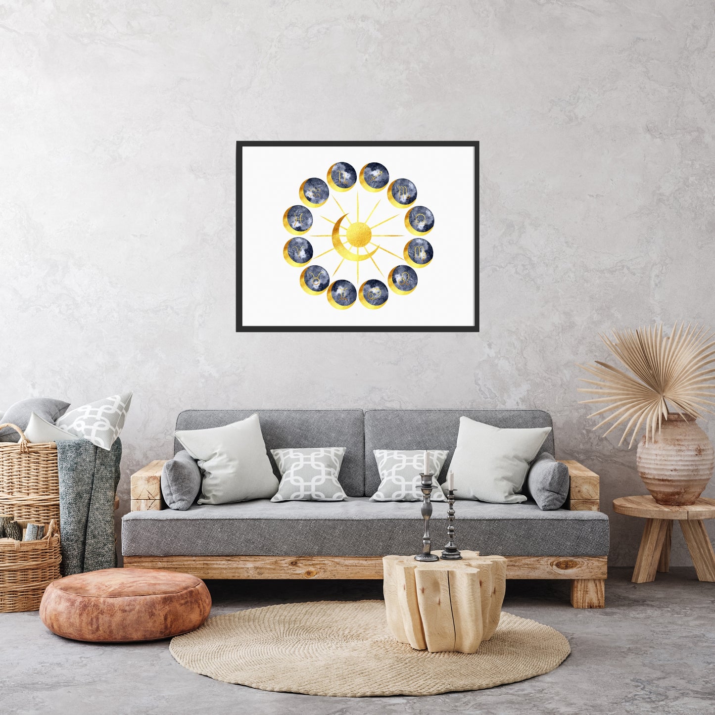Zodiac Signs Astrology Circle Watercolor Fine Art Print displayed in a stylish living room setting, enhancing decor.