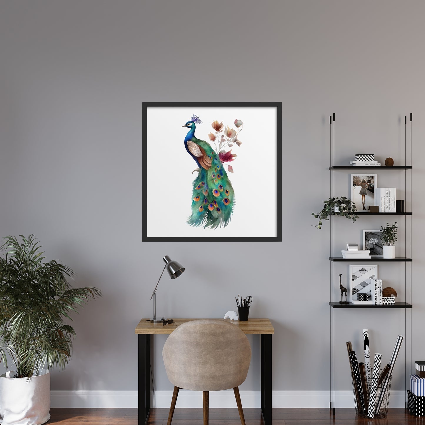 Floral Peacock Boho Watercolor Fine Art Print showcasing vibrant peacock art, perfect for any sophisticated decor.