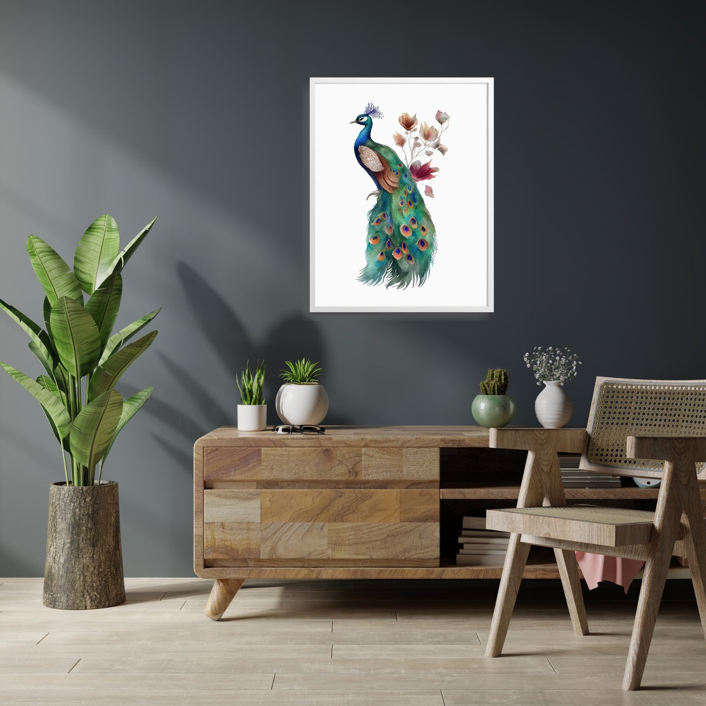 Floral Peacock Boho Watercolor Fine Art Print displayed elegantly in a modern interior, showcasing vibrant colors and details.