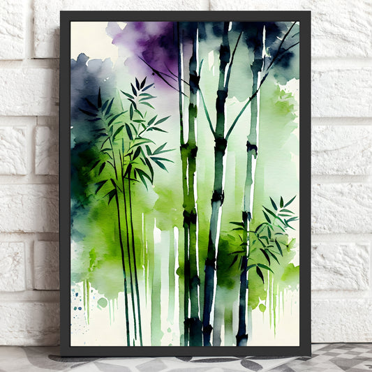 Bamboo Forest 2 Watercolor Fine Art Print features lush greens and elegant bamboo, perfect for art lovers.