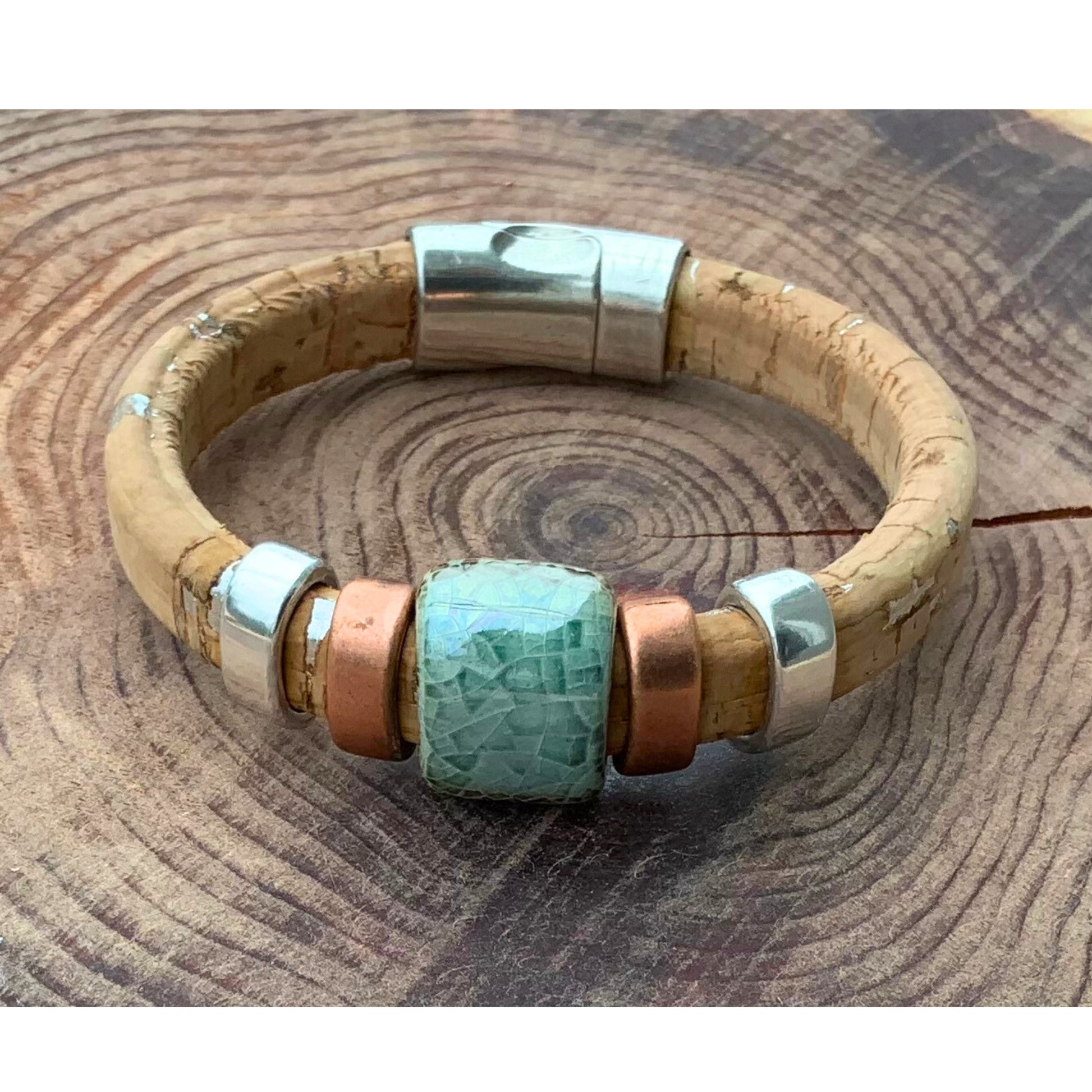 Surf & Sand Cork Ceramic Bracelet showcases earthy tones and textures, perfect for beach lovers seeking stylish accessories.