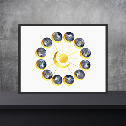 Zodiac Signs Astrology Circle Watercolor Fine Art Print features 12 astrological signs in a vibrant watercolor design.