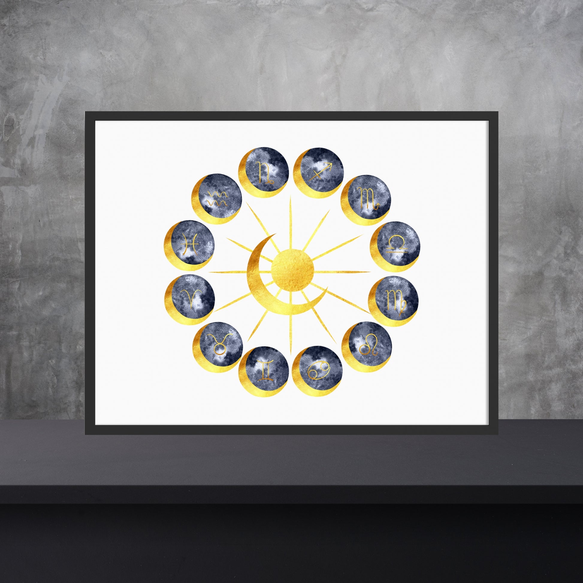 Zodiac Signs Astrology Circle Watercolor Fine Art Print featuring 12 zodiac signs in a vibrant watercolor design.