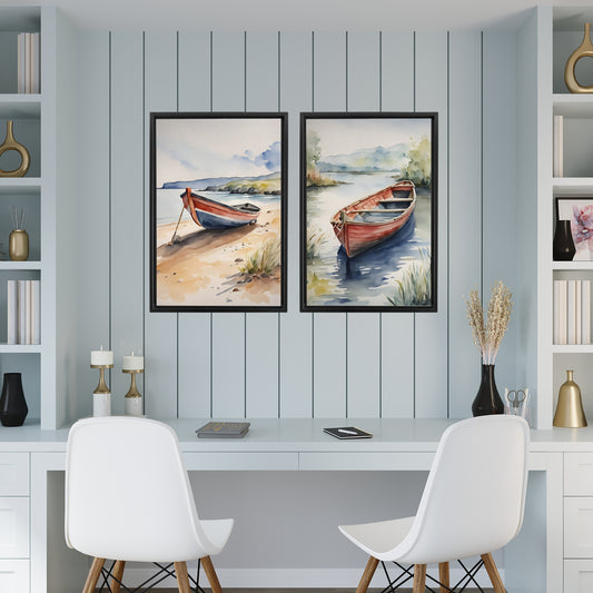 Docked Canoes Framed Canvas Set