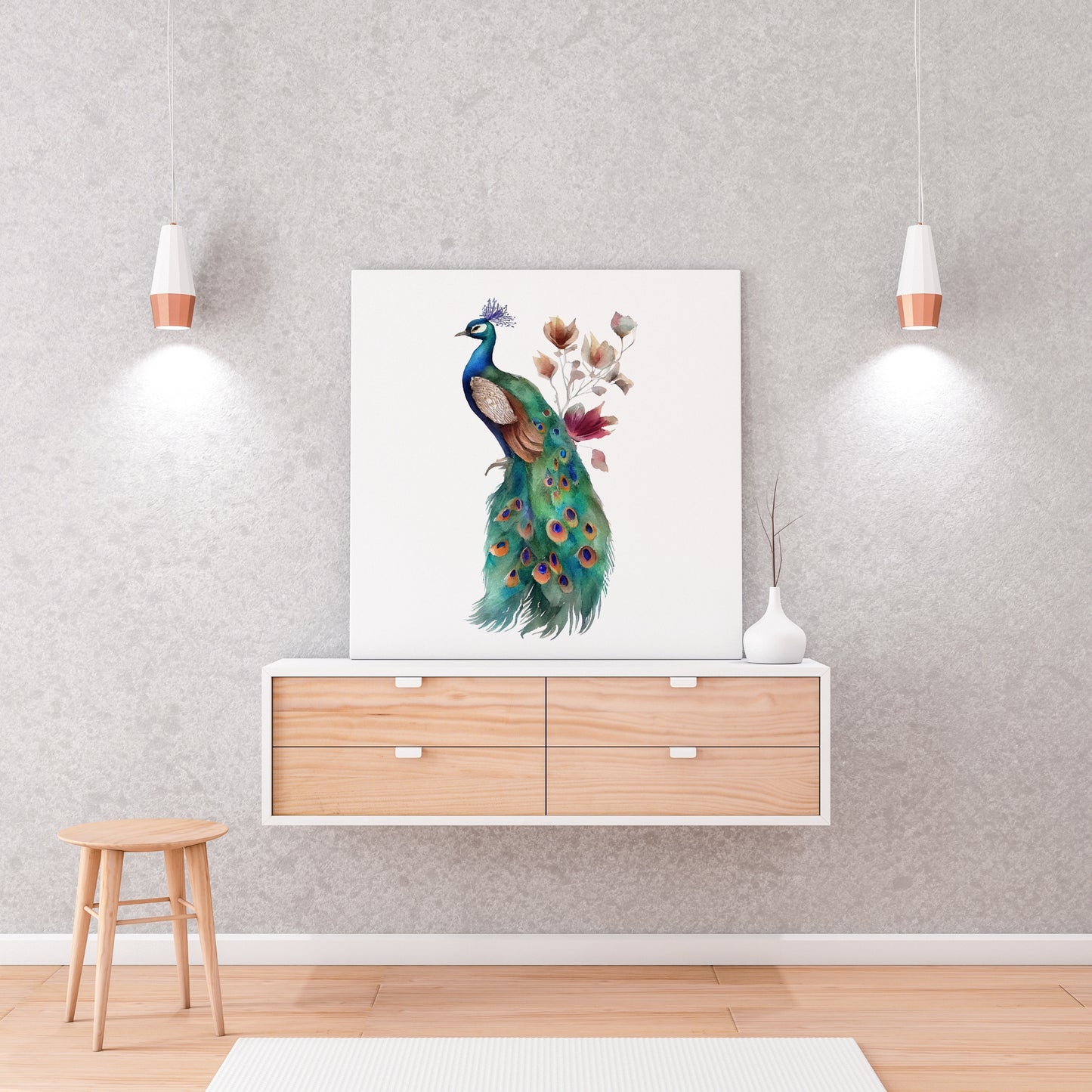 Vibrant Floral Peacock Boho Canvas Wall Art adds a touch of elegance to any room with its stunning design and colors.