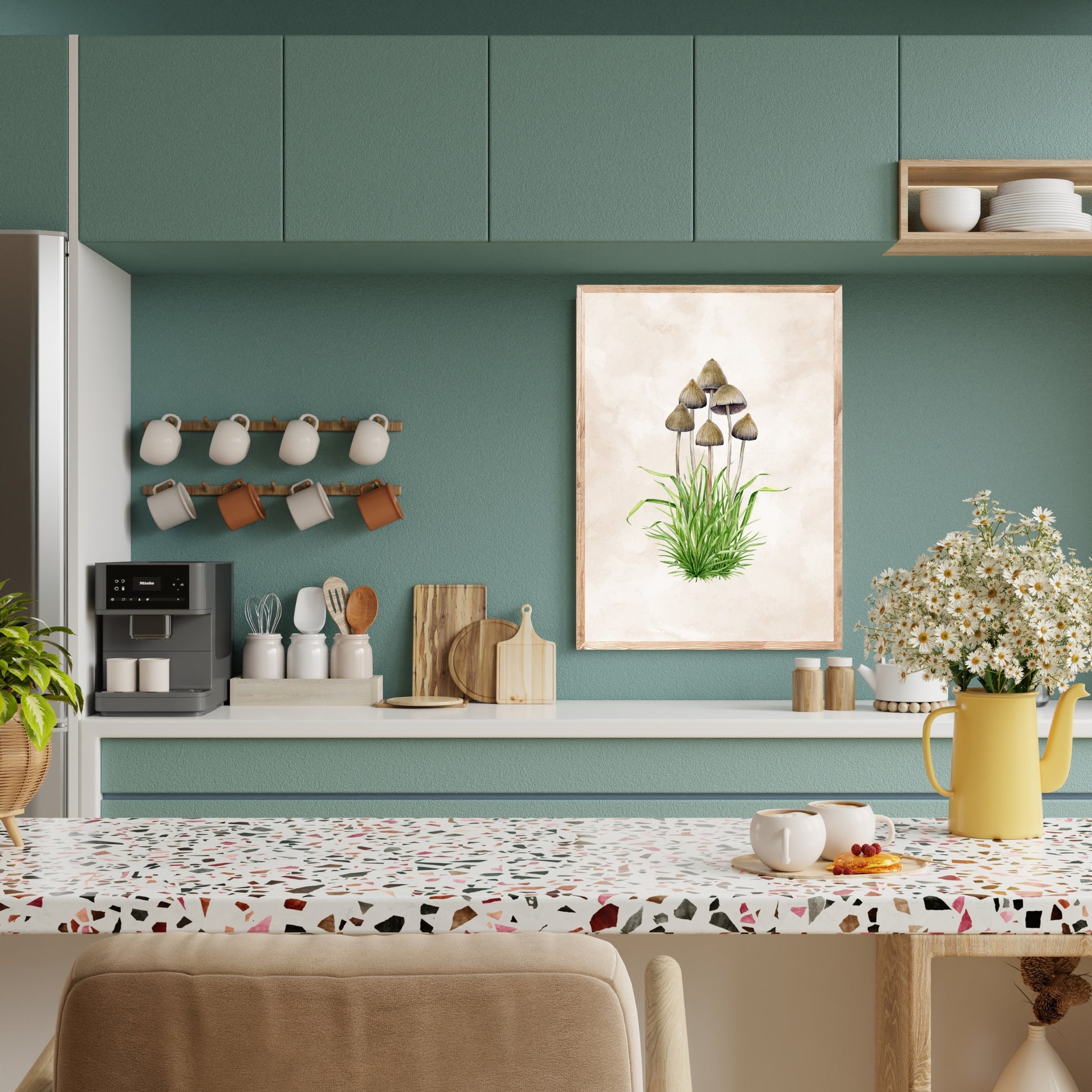 Liberty Cap Mushrooms Watercolor Fine Art Print displayed in a stylish kitchen, showcasing its intricate design and colors.