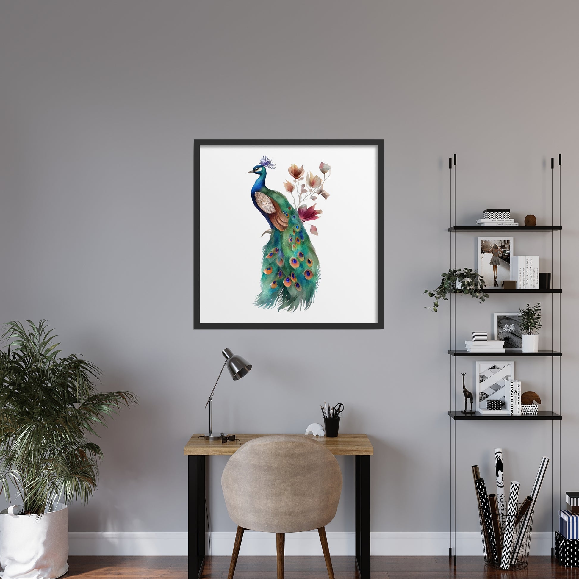 Floral Peacock Boho Watercolor Fine Art Print features a vibrant peacock and floral elements, perfect for elegant decor.